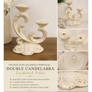 Vintage ELPA Alcobaca Portugal Ivory Gold Double Candelabra Candlestick Holder